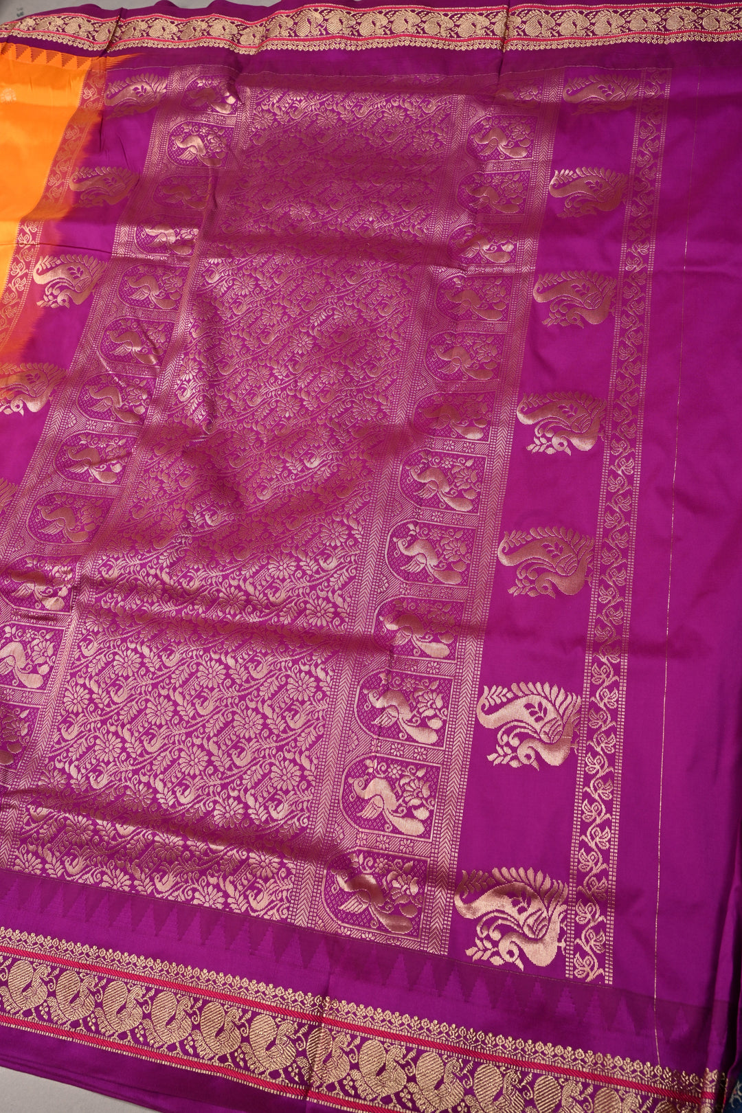 9 Yards Madisar Yellowish Orange Dual Tone Semi Silk Saree with Zari Buttas and Contrast Zari Border , No Blouse Piece