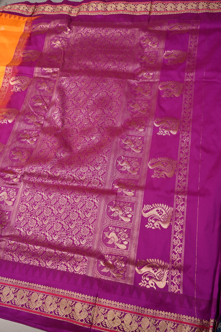 9 Yards Madisar Yellowish Orange Dual Tone Semi Silk Saree with Zari Buttas and Contrast Zari Border , No Blouse Piece