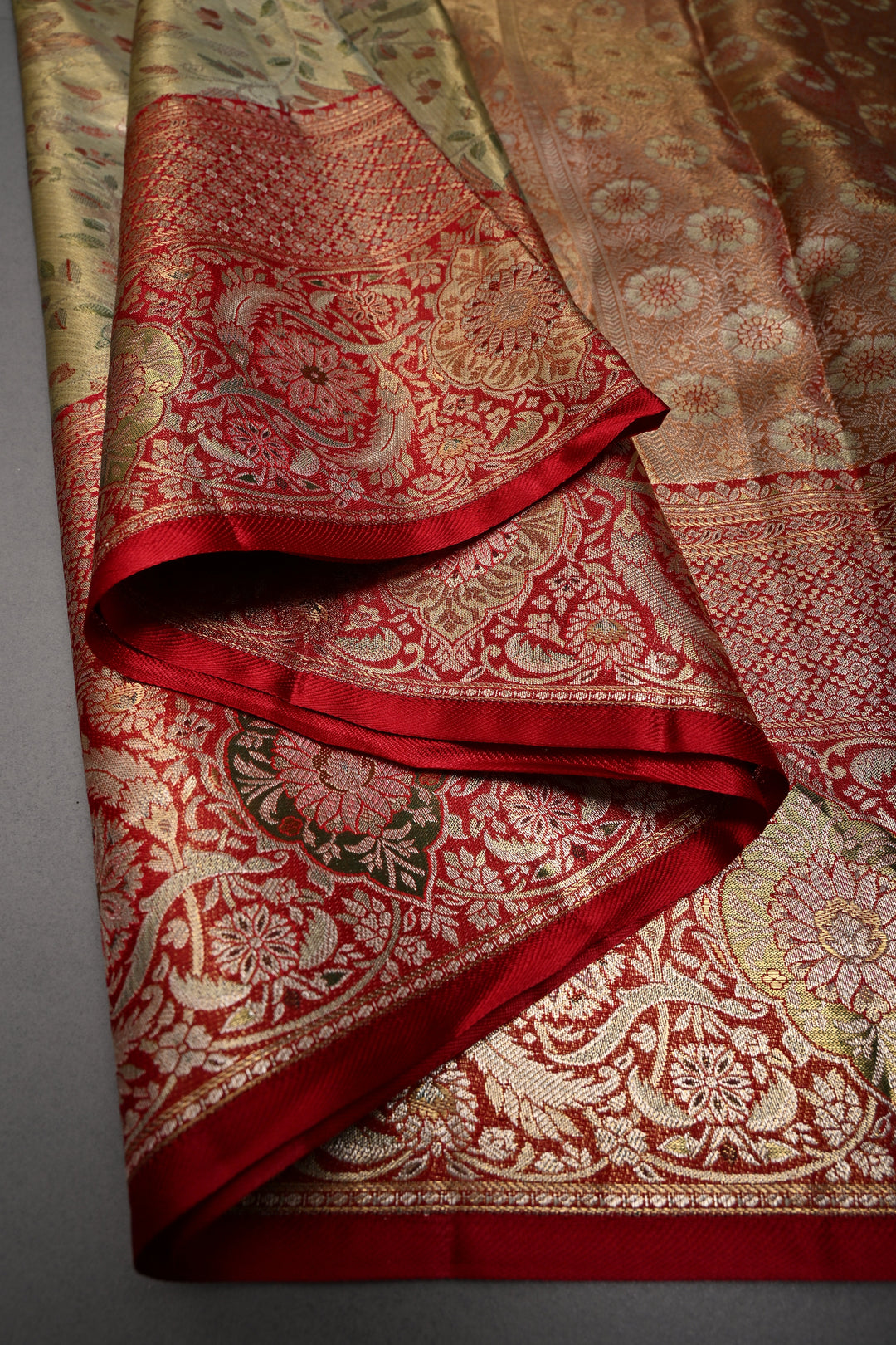 Regal Muted Gold Meenakari on Pure Kanjivaram Tissue Silk Saree with Birds-Floral Brocade and Contrast Zari Border | SILK MARK CERTIFIED | SHOBITAM