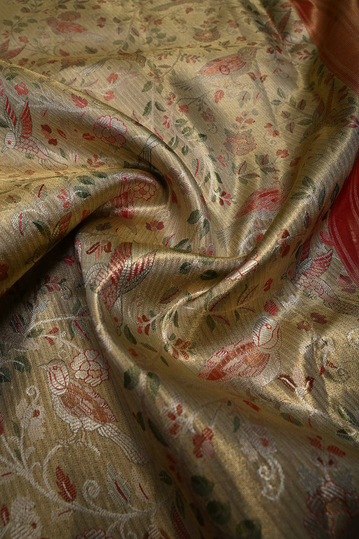 Regal Muted Gold Meenakari on Pure Kanjivaram Tissue Silk Saree with Birds-Floral Brocade and Contrast Zari Border | SILK MARK CERTIFIED | SHOBITAM