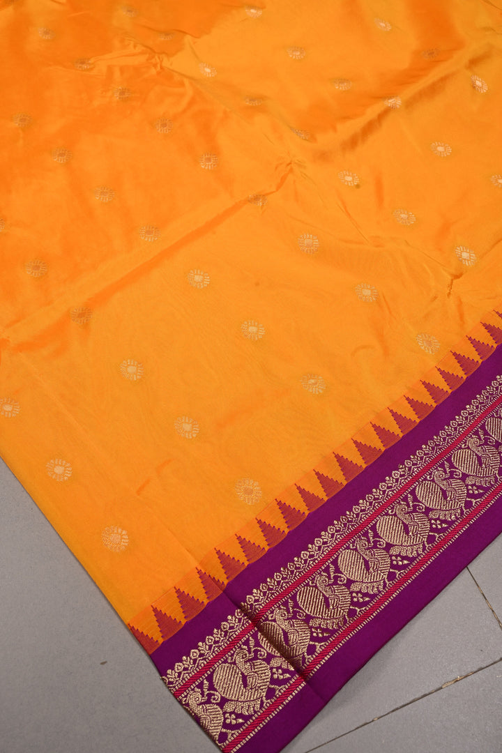 9 Yards Madisar Yellowish Orange Dual Tone Semi Silk Saree with Zari Buttas and Contrast Zari Border , No Blouse Piece