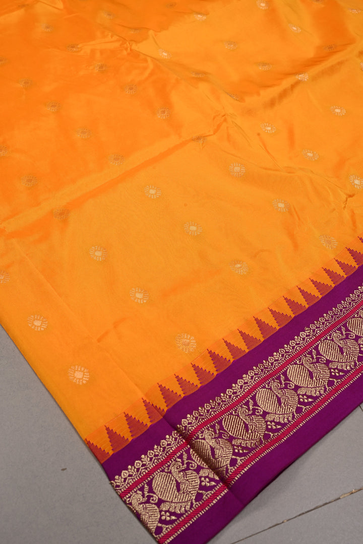 9 Yards Madisar Yellowish Orange Dual Tone Semi Silk Saree with Zari Buttas and Contrast Zari Border , No Blouse Piece