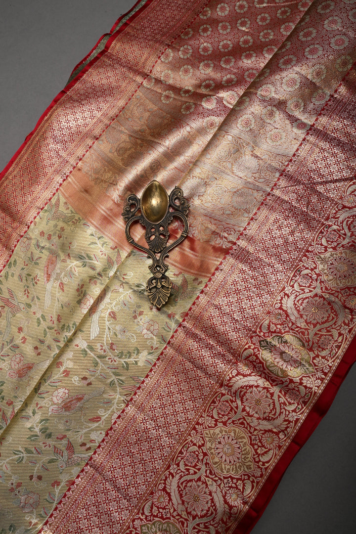 Regal Muted Gold Meenakari on Pure Kanjivaram Tissue Silk Saree with Birds-Floral Brocade and Contrast Zari Border | SILK MARK CERTIFIED | SHOBITAM