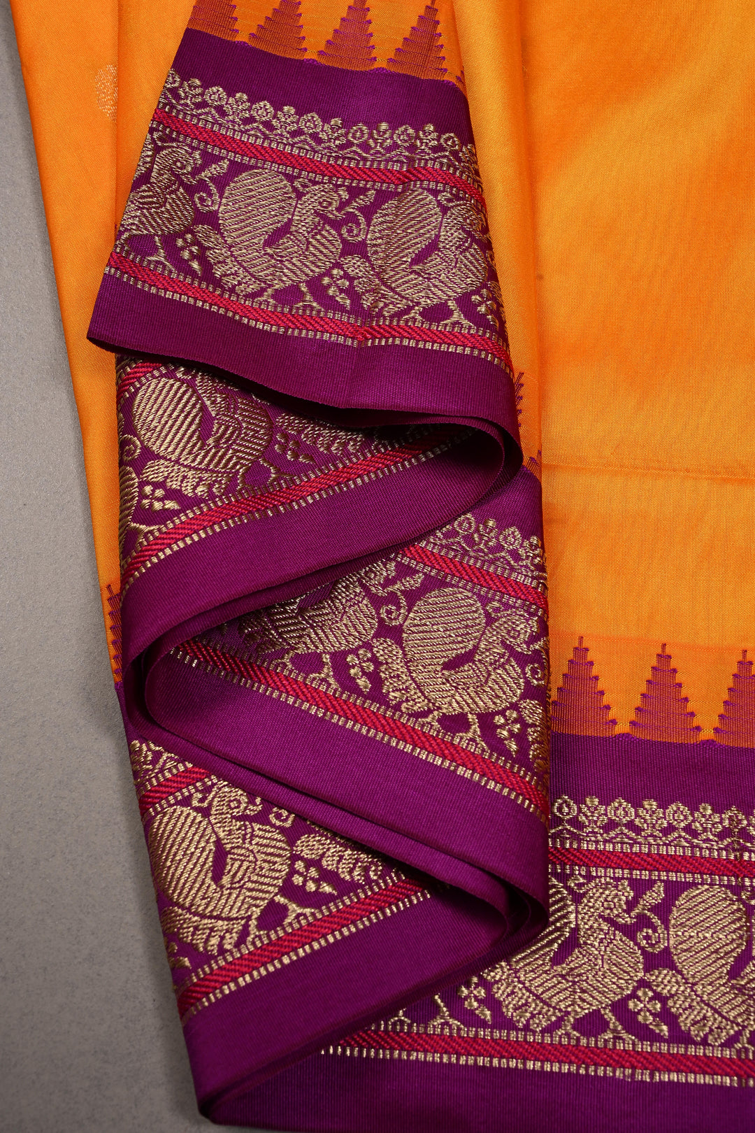 9 Yards Madisar Yellowish Orange Dual Tone Semi Silk Saree with Zari Buttas and Contrast Zari Border , No Blouse Piece