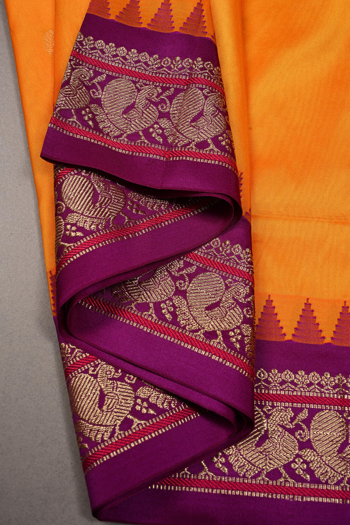 9 Yards Madisar Yellowish Orange Dual Tone Semi Silk Saree with Zari Buttas and Contrast Zari Border , No Blouse Piece