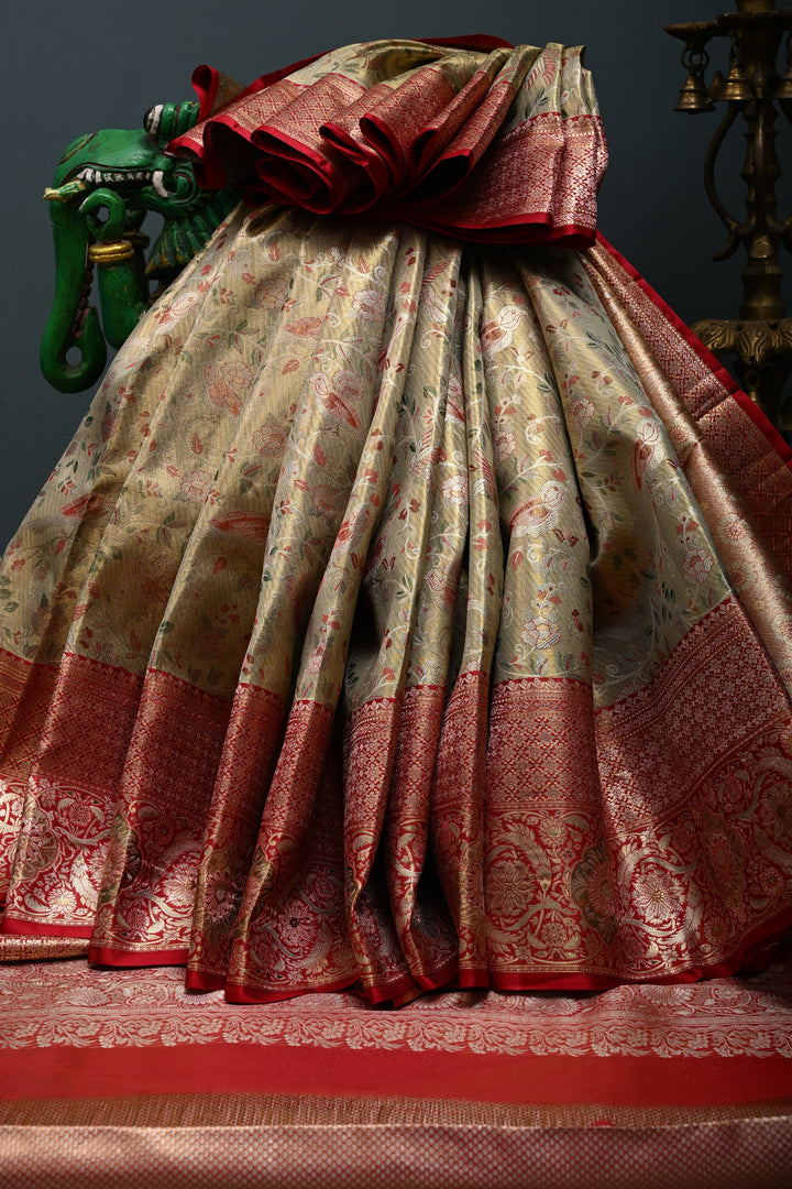 Regal Muted Gold Meenakari on Pure Kanjivaram Tissue Silk Saree with Birds-Floral Brocade and Contrast Zari Border | SILK MARK CERTIFIED | SHOBITAM