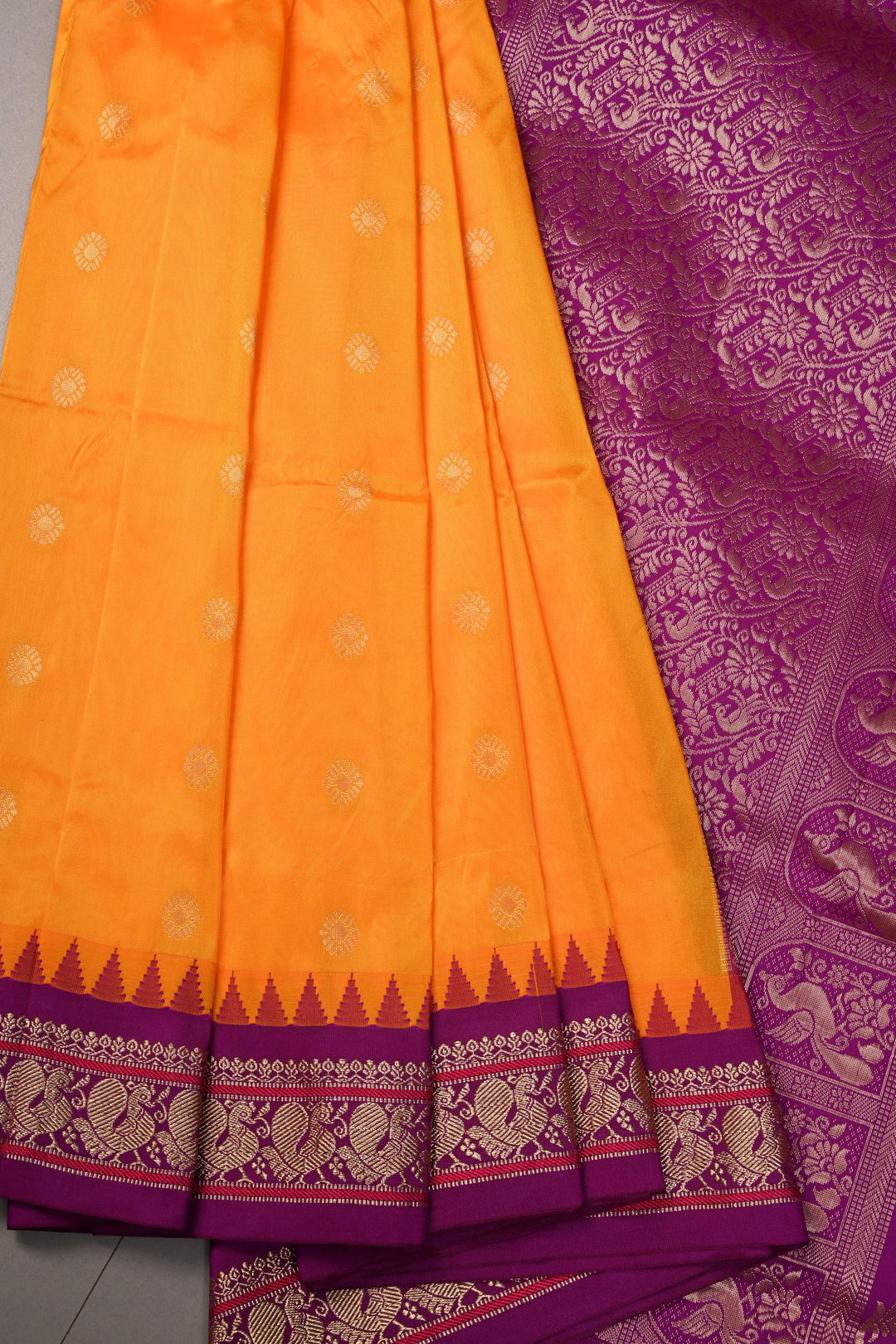 9 Yards Madisar Yellowish Orange Dual Tone Semi Silk Saree with Zari Buttas and Contrast Zari Border , No Blouse Piece