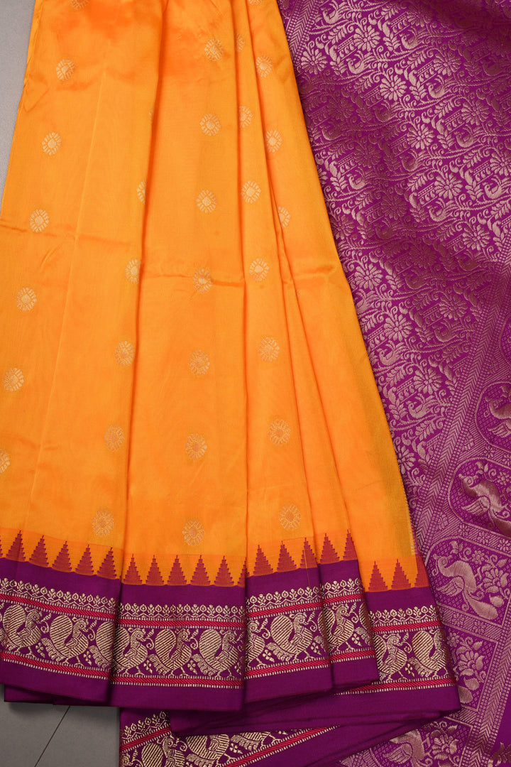9 Yards Madisar Yellowish Orange Dual Tone Semi Silk Saree with Zari Buttas and Contrast Zari Border , No Blouse Piece