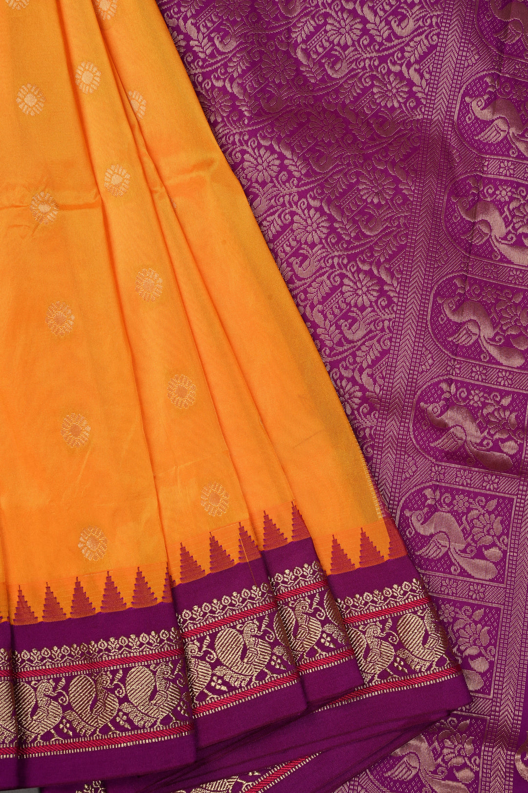 9 Yards Madisar Yellowish Orange Dual Tone Semi Silk Saree with Zari Buttas and Contrast Zari Border , No Blouse Piece
