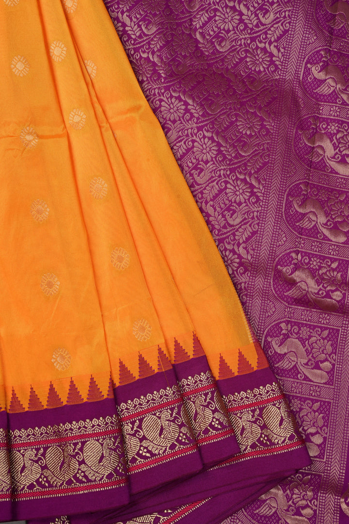 9 Yards Madisar Yellowish Orange Dual Tone Semi Silk Saree with Zari Buttas and Contrast Zari Border , No Blouse Piece