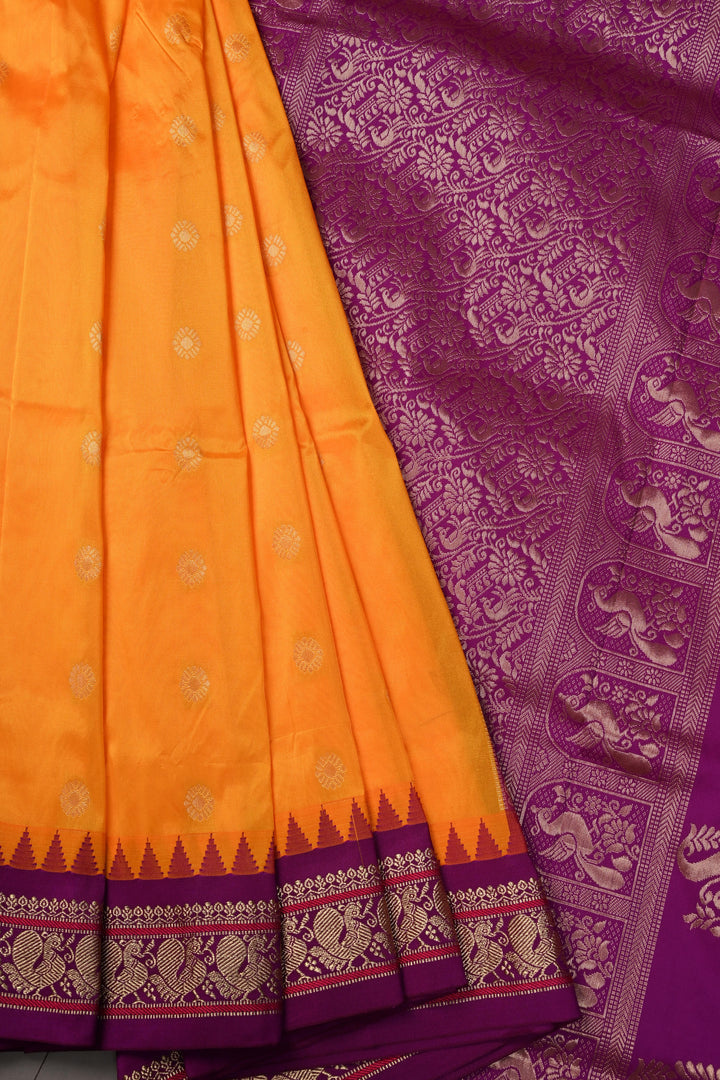 9 Yards Madisar Yellowish Orange Dual Tone Semi Silk Saree with Zari Buttas and Contrast Zari Border , No Blouse Piece