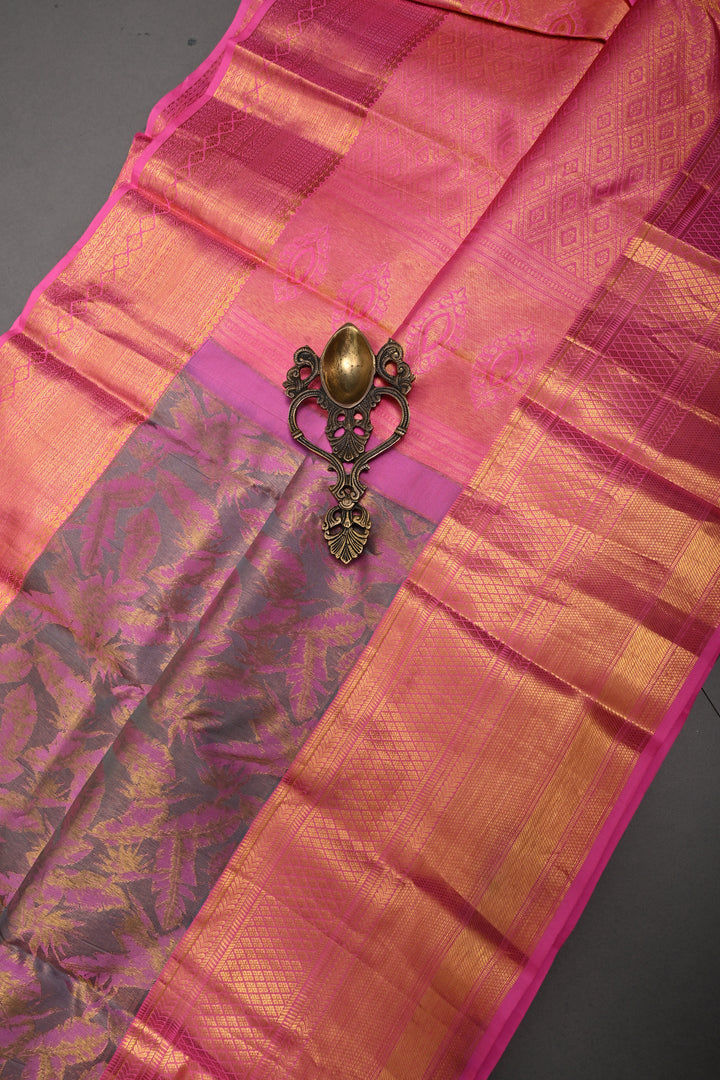 Contemporary Dusty Lavender-Pink Pure Kanjivaram Silk Saree with Leaves Foliage Design and Zari Border | SILK MARK CERTIFIED | SHOBITAM