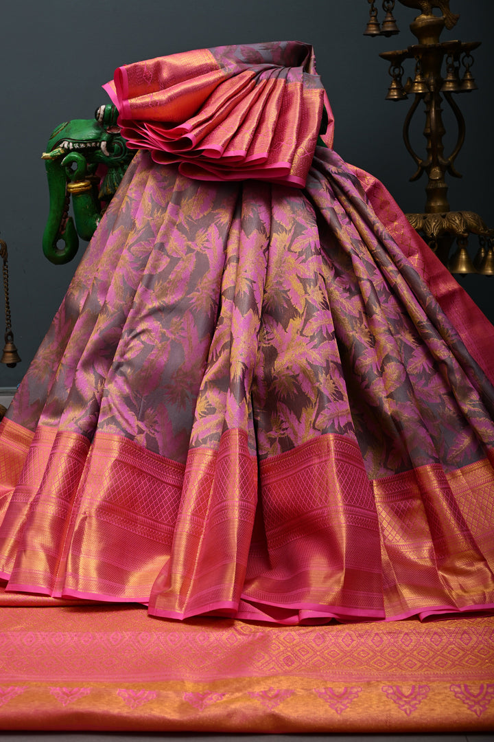 Contemporary Dusty Lavender-Pink Pure Kanjivaram Silk Saree with Leaves Foliage Design and Zari Border | SILK MARK CERTIFIED | SHOBITAM