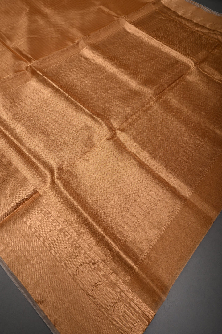 Gold Pure Kanchi Kora by Tissue Silk Saree with Geometric Self Weave and Zari Border | SILK MARK CERTIFIED | SHOBITAM