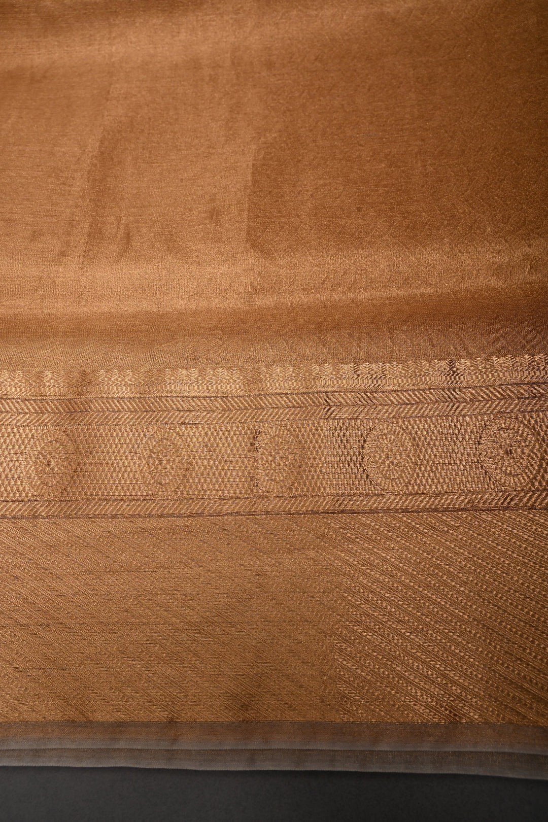 Gold Pure Kanchi Kora by Tissue Silk Saree with Geometric Self Weave and Zari Border | SILK MARK CERTIFIED | SHOBITAM