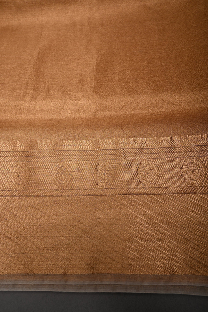 Gold Pure Kanchi Kora by Tissue Silk Saree with Geometric Self Weave and Zari Border | SILK MARK CERTIFIED | SHOBITAM