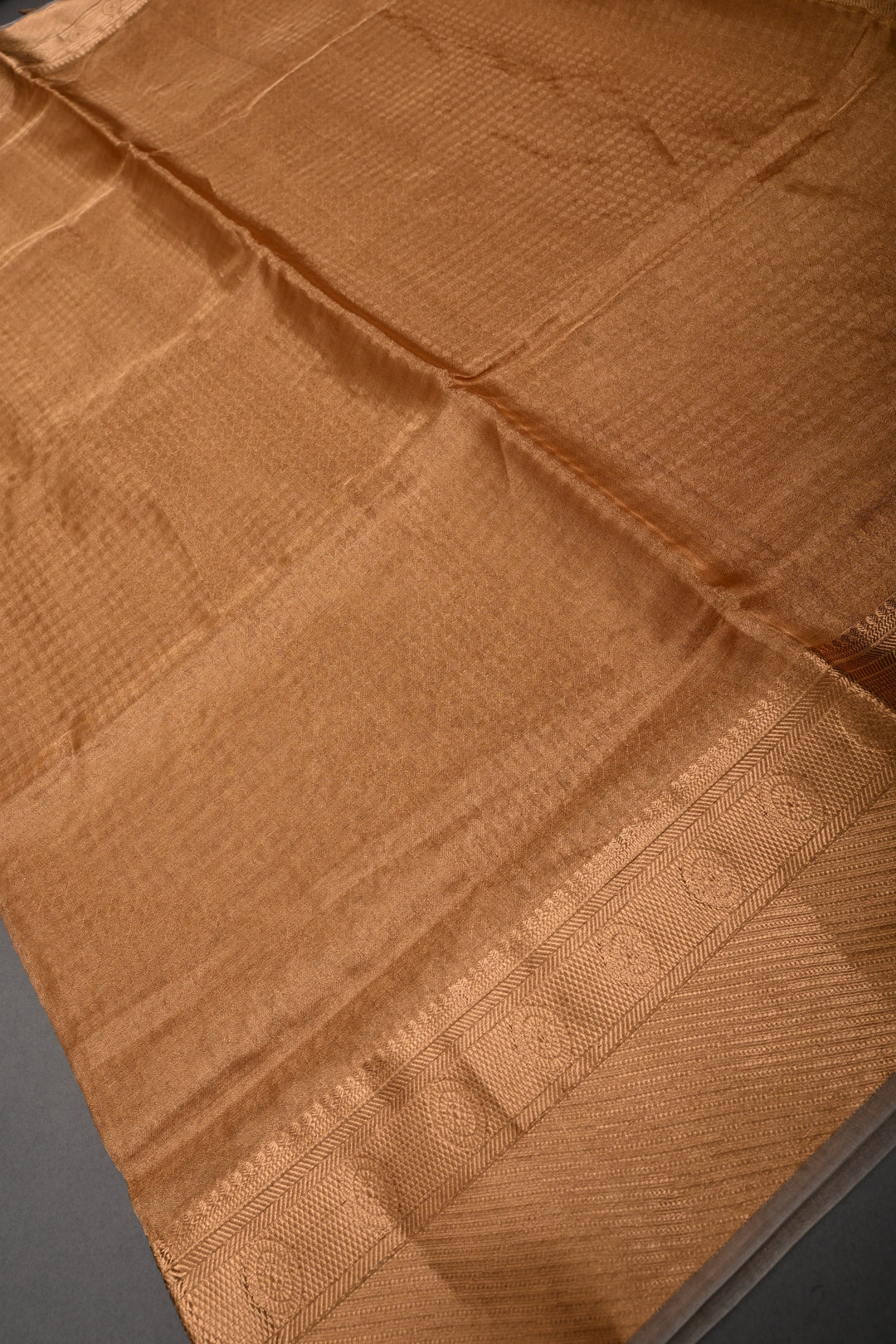 Gold Pure Kanchi Kora by Tissue Silk Saree with Geometric Self Weave and Zari Border | SILK MARK CERTIFIED | SHOBITAM