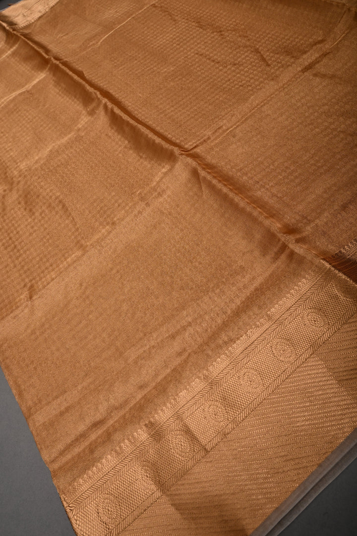 Gold Pure Kanchi Kora by Tissue Silk Saree with Geometric Self Weave and Zari Border | SILK MARK CERTIFIED | SHOBITAM