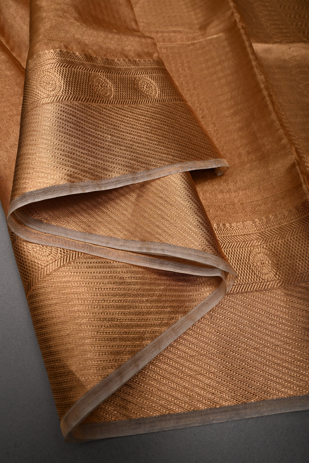 Gold Pure Kanchi Kora by Tissue Silk Saree with Geometric Self Weave and Zari Border | SILK MARK CERTIFIED | SHOBITAM