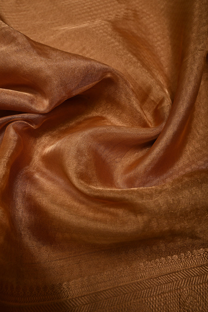 Gold Pure Kanchi Kora by Tissue Silk Saree with Geometric Self Weave and Zari Border | SILK MARK CERTIFIED | SHOBITAM