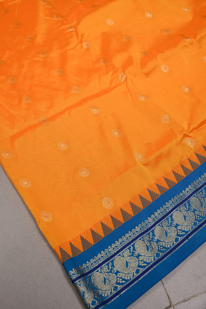 9 Yards Madisar Mustard Orange Dual Tone Semi Silk Saree with Zari Buttas and Contrast Zari Border , No Blouse Piece9