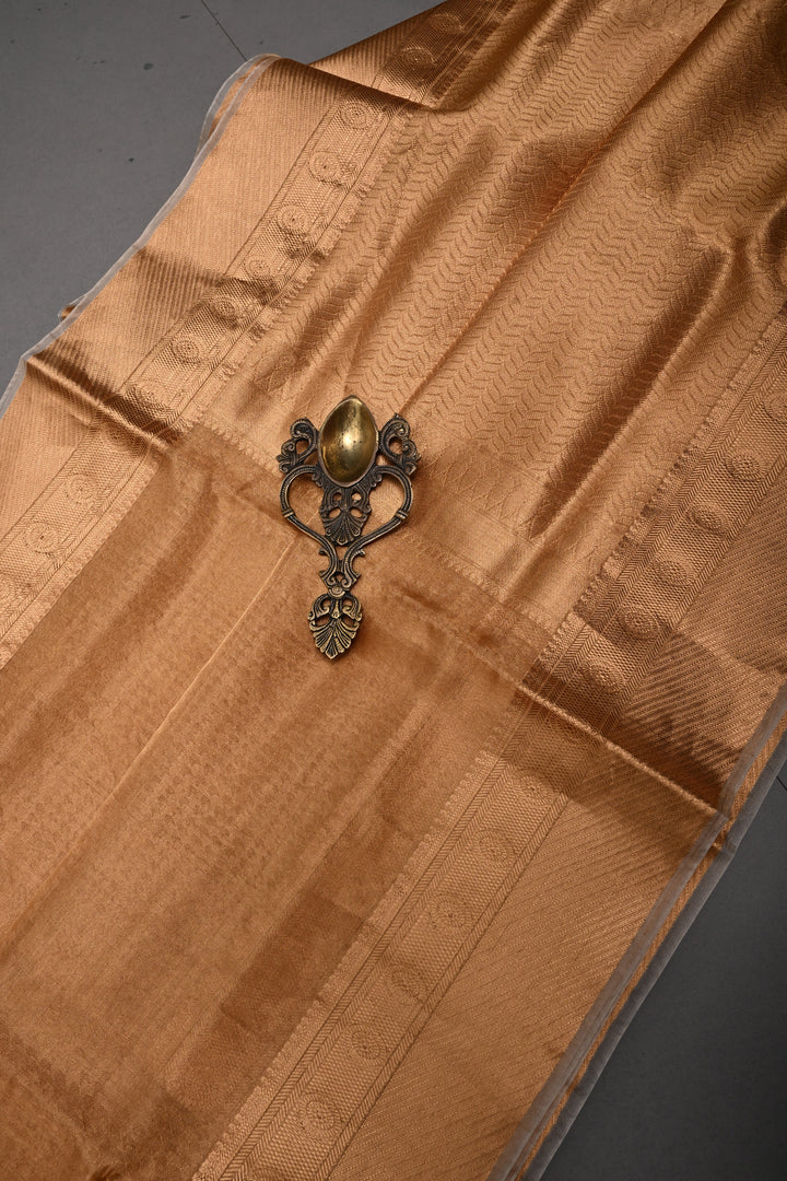 Gold Pure Kanchi Kora by Tissue Silk Saree with Geometric Self Weave and Zari Border | SILK MARK CERTIFIED | SHOBITAM