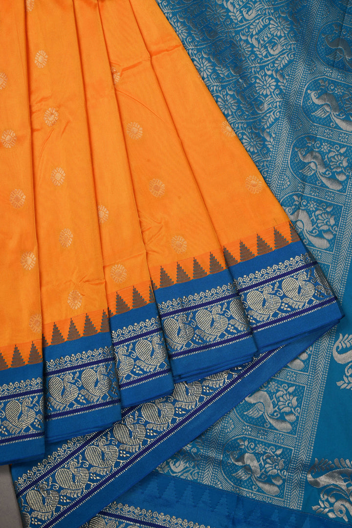 9 Yards Madisar Mustard Orange Dual Tone Semi Silk Saree with Zari Buttas and Contrast Zari Border , No Blouse Piece9