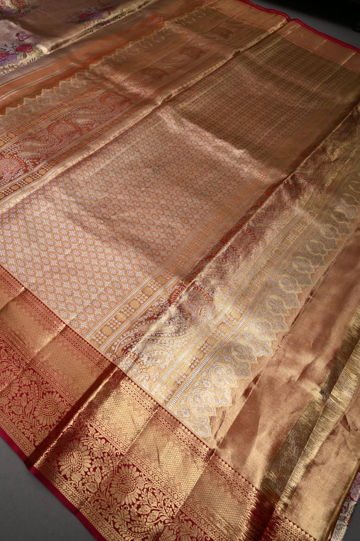 Romantic Pink-Gold Meenakari Rose Design on Pure Kanjivaram Tissue Silk Saree with Self Brocade and Contrast Zari Border | SILK MARK CERTIFIED