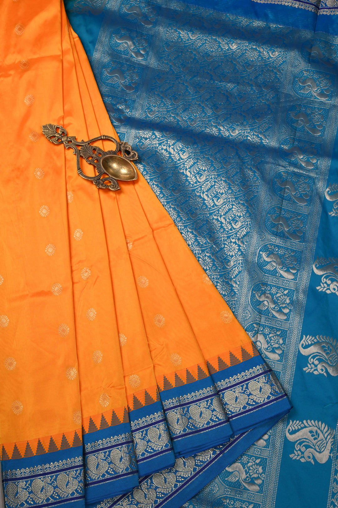 9 Yards Madisar Mustard Orange Dual Tone Semi Silk Saree with Zari Buttas and Contrast Zari Border , No Blouse Piece9