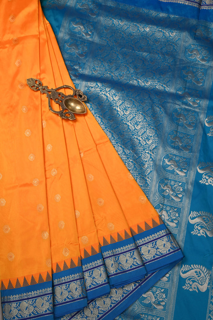 9 Yards Madisar Mustard Orange Dual Tone Semi Silk Saree with Zari Buttas and Contrast Zari Border , No Blouse Piece9