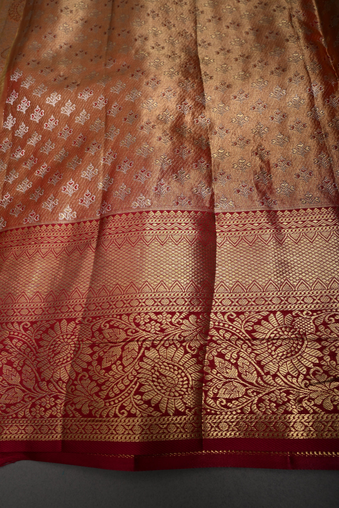 Romantic Pink-Gold Meenakari Rose Design on Pure Kanjivaram Tissue Silk Saree with Self Brocade and Contrast Zari Border | SILK MARK CERTIFIED