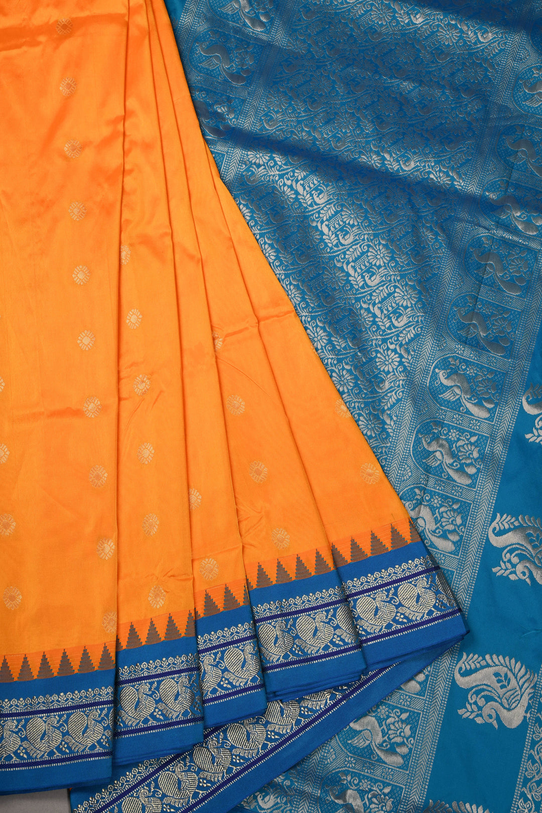 9 Yards Madisar Mustard Orange Dual Tone Semi Silk Saree with Zari Buttas and Contrast Zari Border , No Blouse Piece9