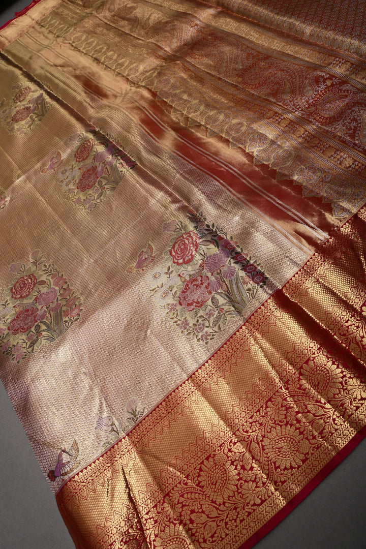 Romantic Pink-Gold Meenakari Rose Design on Pure Kanjivaram Tissue Silk Saree with Self Brocade and Contrast Zari Border | SILK MARK CERTIFIED