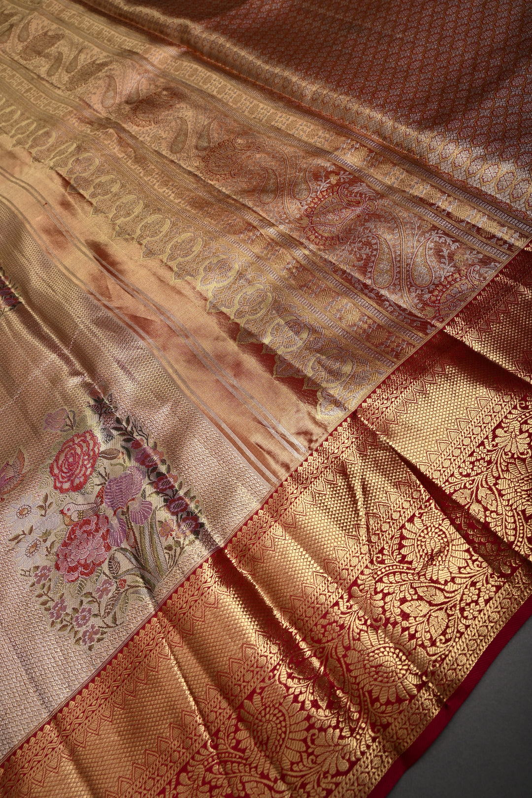 Romantic Pink-Gold Meenakari Rose Design on Pure Kanjivaram Tissue Silk Saree with Self Brocade and Contrast Zari Border | SILK MARK CERTIFIED