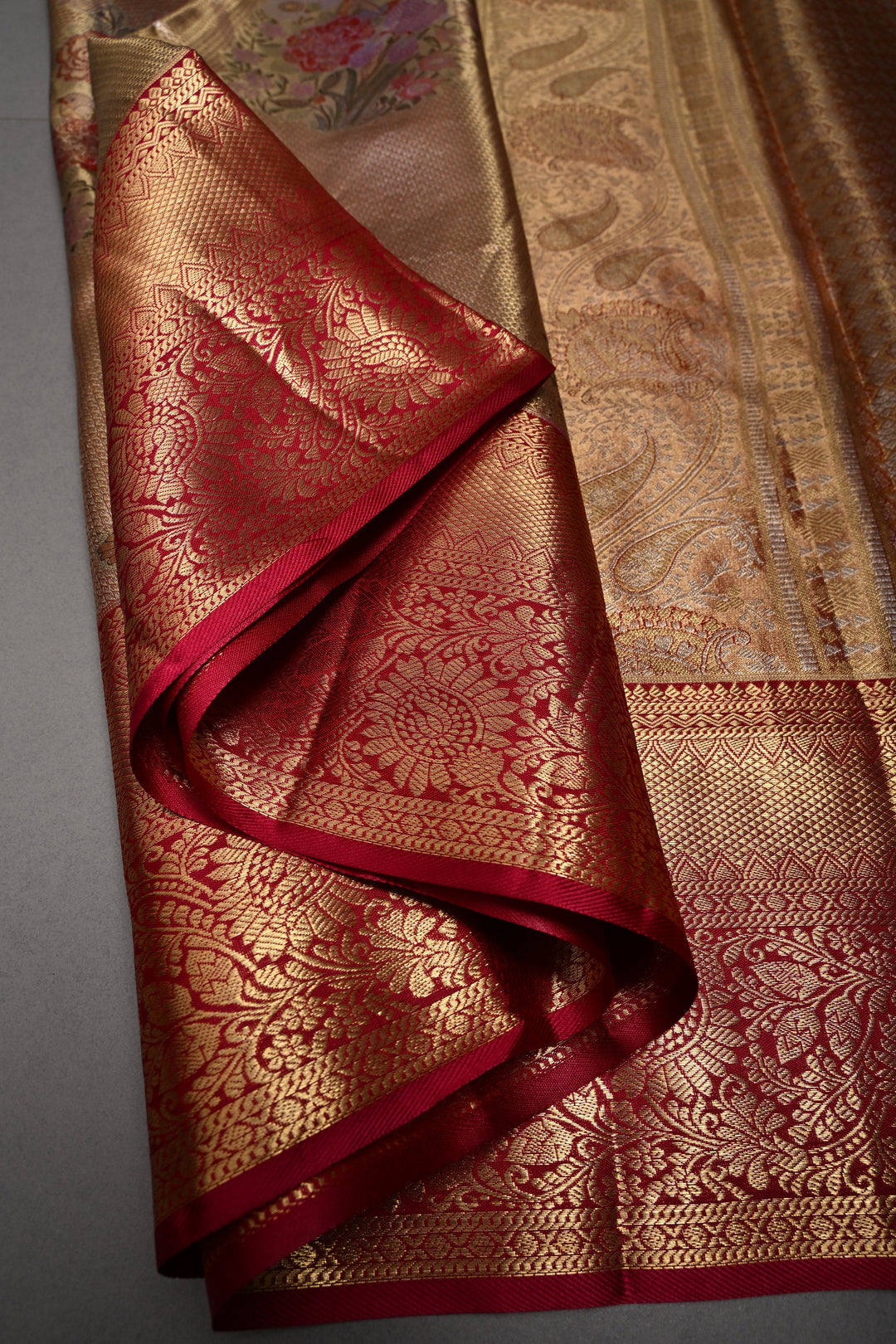 Romantic Pink-Gold Meenakari Rose Design on Pure Kanjivaram Tissue Silk Saree with Self Brocade and Contrast Zari Border | SILK MARK CERTIFIED