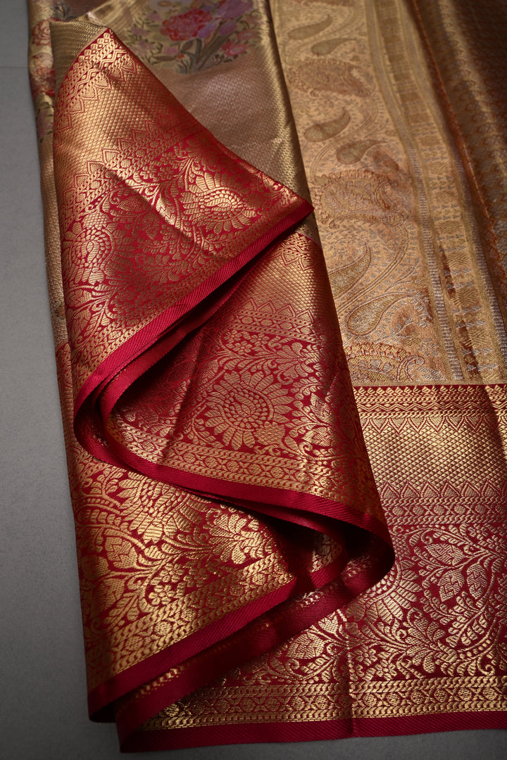 Romantic Pink-Gold Meenakari Rose Design on Pure Kanjivaram Tissue Silk Saree with Self Brocade and Contrast Zari Border | SILK MARK CERTIFIED