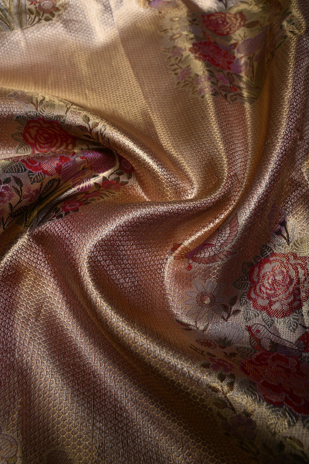 Romantic Pink-Gold Meenakari Rose Design on Pure Kanjivaram Tissue Silk Saree with Self Brocade and Contrast Zari Border | SILK MARK CERTIFIED