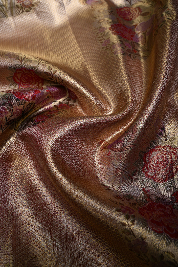 Romantic Pink-Gold Meenakari Rose Design on Pure Kanjivaram Tissue Silk Saree with Self Brocade and Contrast Zari Border | SILK MARK CERTIFIED