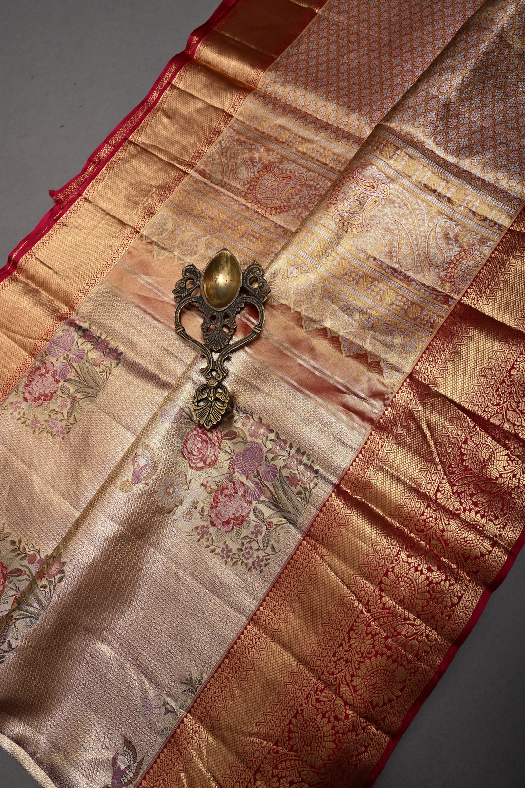 Romantic Pink-Gold Meenakari Rose Design on Pure Kanjivaram Tissue Silk Saree with Self Brocade and Contrast Zari Border | SILK MARK CERTIFIED