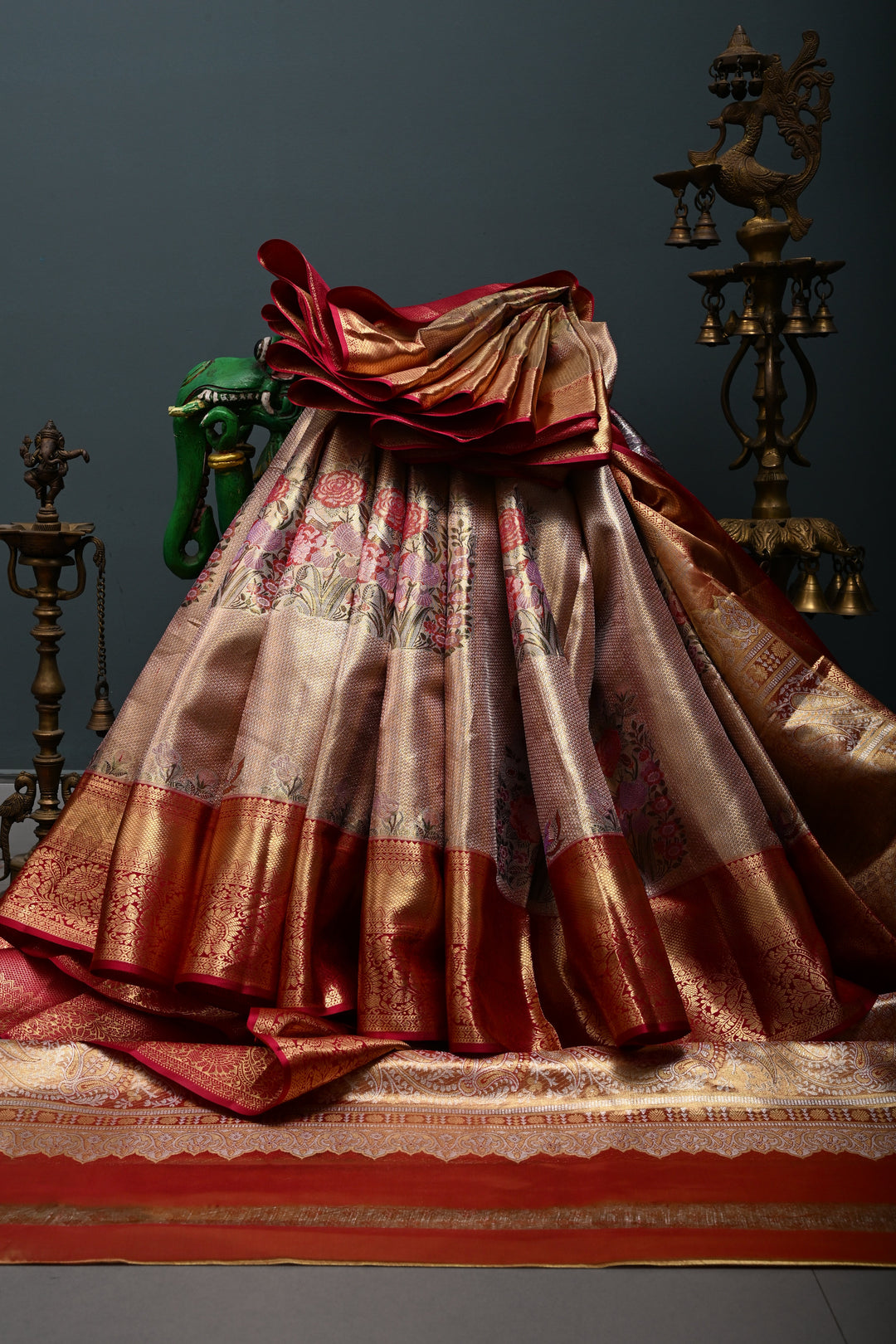 Romantic Pink-Gold Meenakari Rose Design on Pure Kanjivaram Tissue Silk Saree with Self Brocade and Contrast Zari Border | SILK MARK CERTIFIED