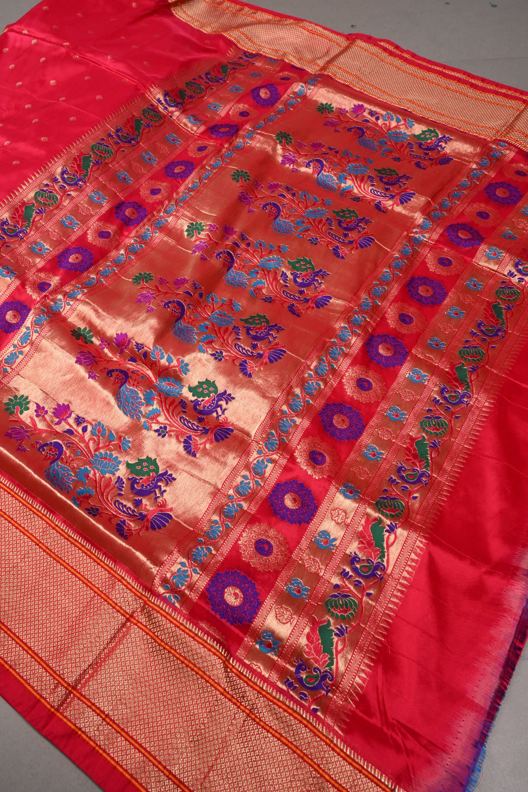 9 Yards Madisar  Rani Pink Zari Buttis on Semi Silk Saree with Zari Border and  Paithani Style Meenakari Pallu , No Blouse Piece