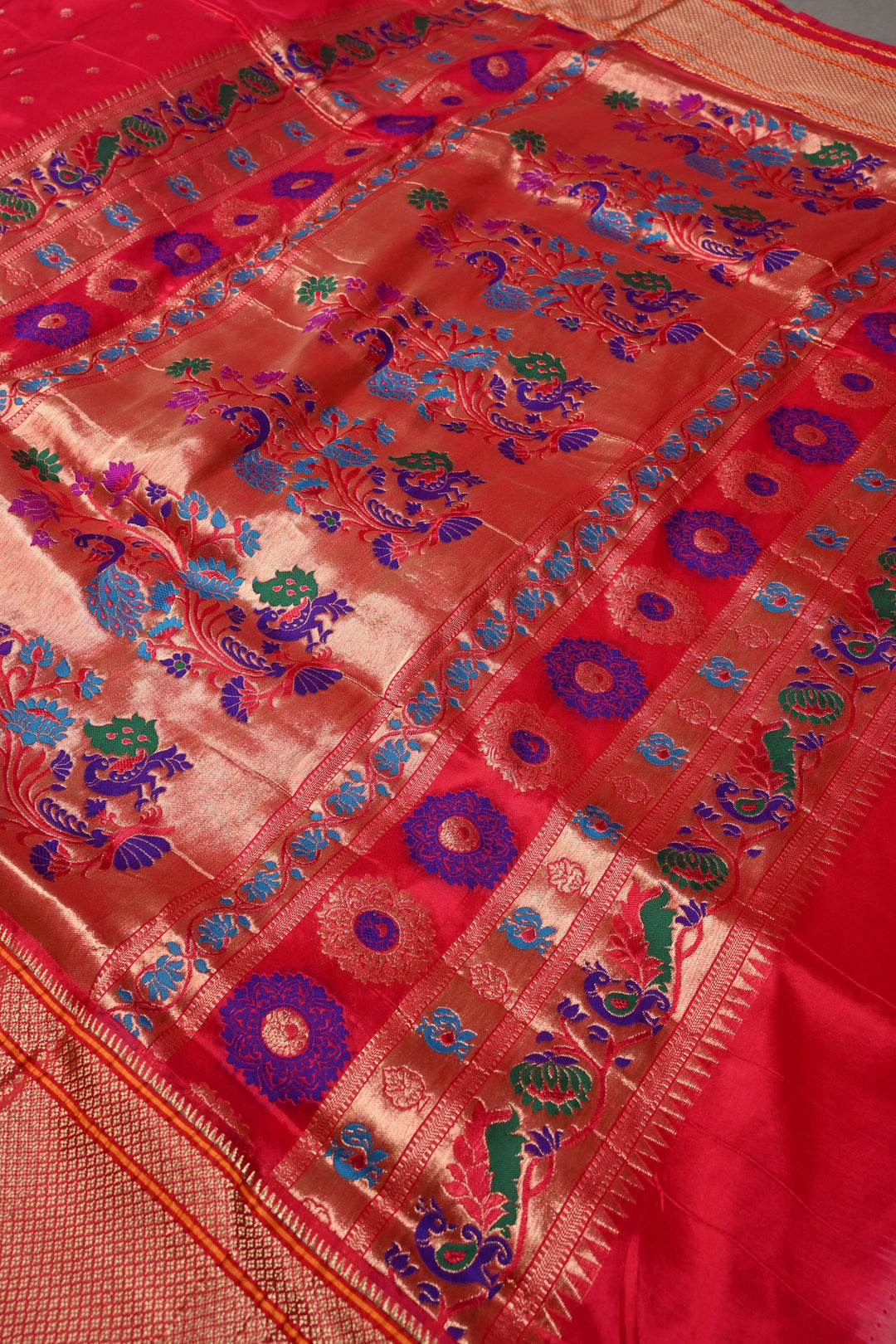 9 Yards Madisar  Rani Pink Zari Buttis on Semi Silk Saree with Zari Border and  Paithani Style Meenakari Pallu , No Blouse Piece