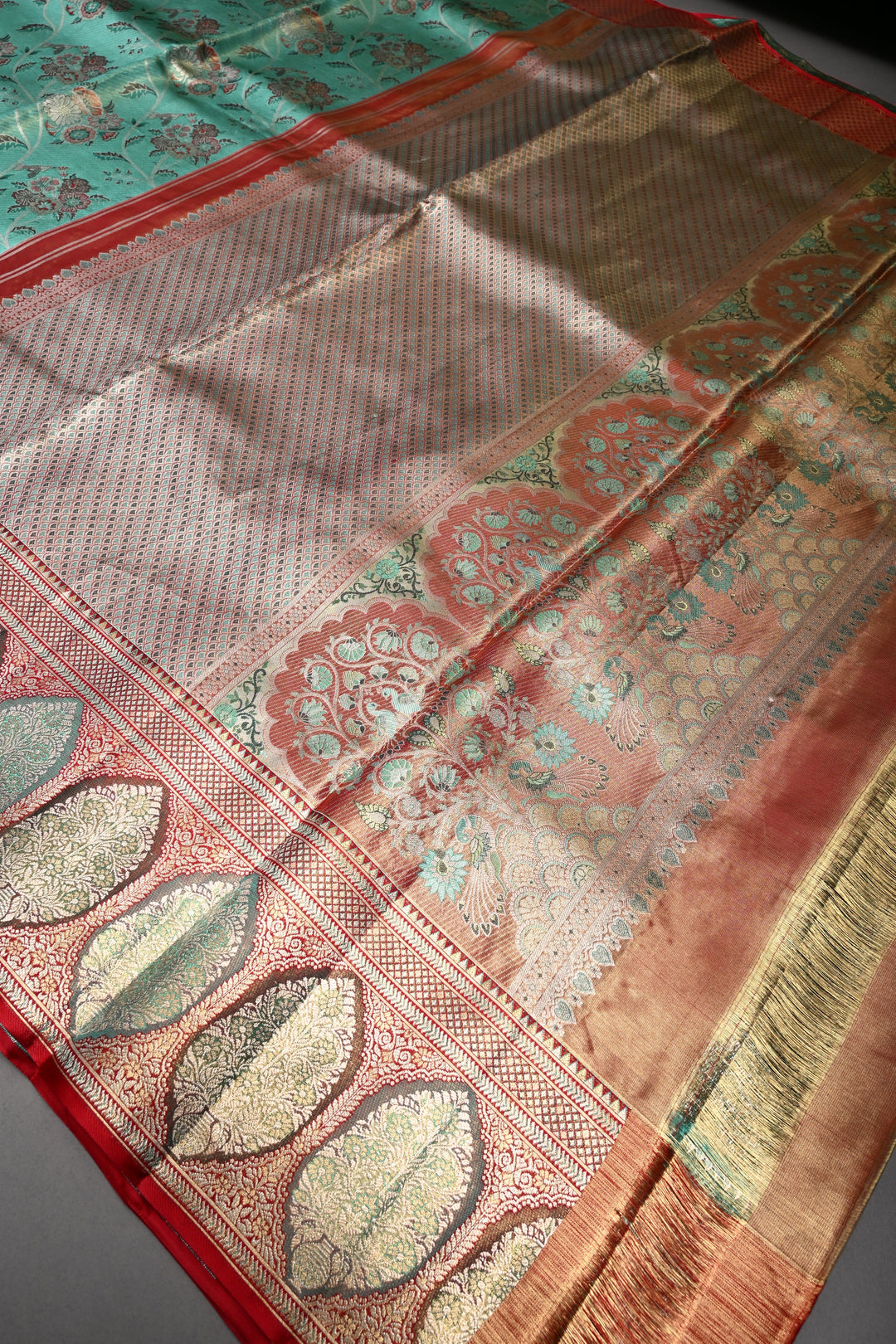 Luxurious Mint Green Meenakari on Pure Kanjivaram Tissue Silk Saree with Tiny Birds-Floral Brocade and Arches Contrast Zari Border | SILK MARK CERTIFIED | SHOBITAM