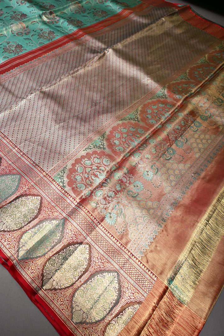 Luxurious Mint Green Meenakari on Pure Kanjivaram Tissue Silk Saree with Tiny Birds-Floral Brocade and Arches Contrast Zari Border | SILK MARK CERTIFIED | SHOBITAM