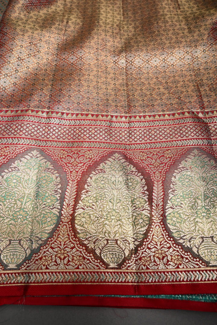 Luxurious Mint Green Meenakari on Pure Kanjivaram Tissue Silk Saree with Tiny Birds-Floral Brocade and Arches Contrast Zari Border | SILK MARK CERTIFIED | SHOBITAM