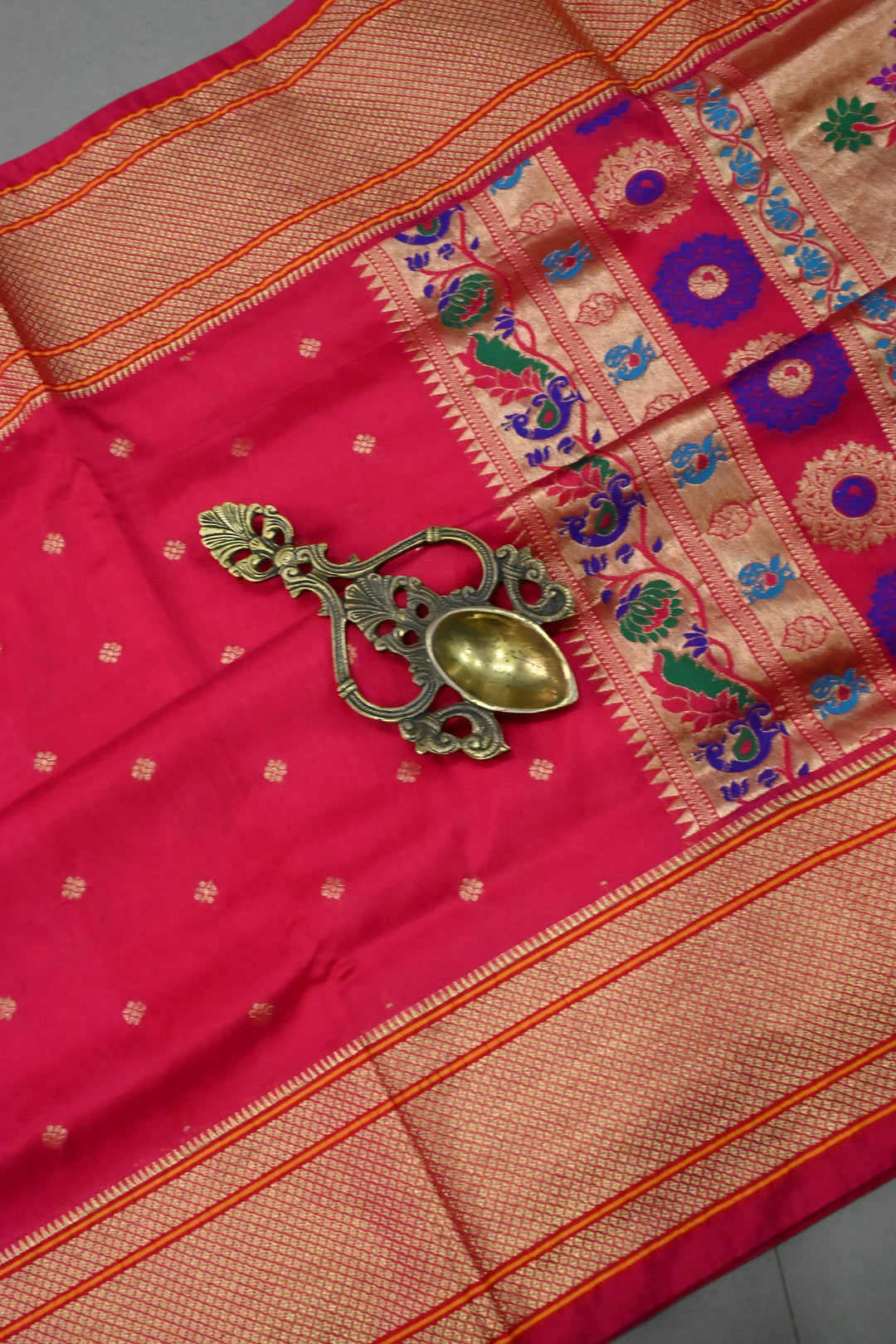 9 Yards Madisar  Rani Pink Zari Buttis on Semi Silk Saree with Zari Border and  Paithani Style Meenakari Pallu , No Blouse Piece