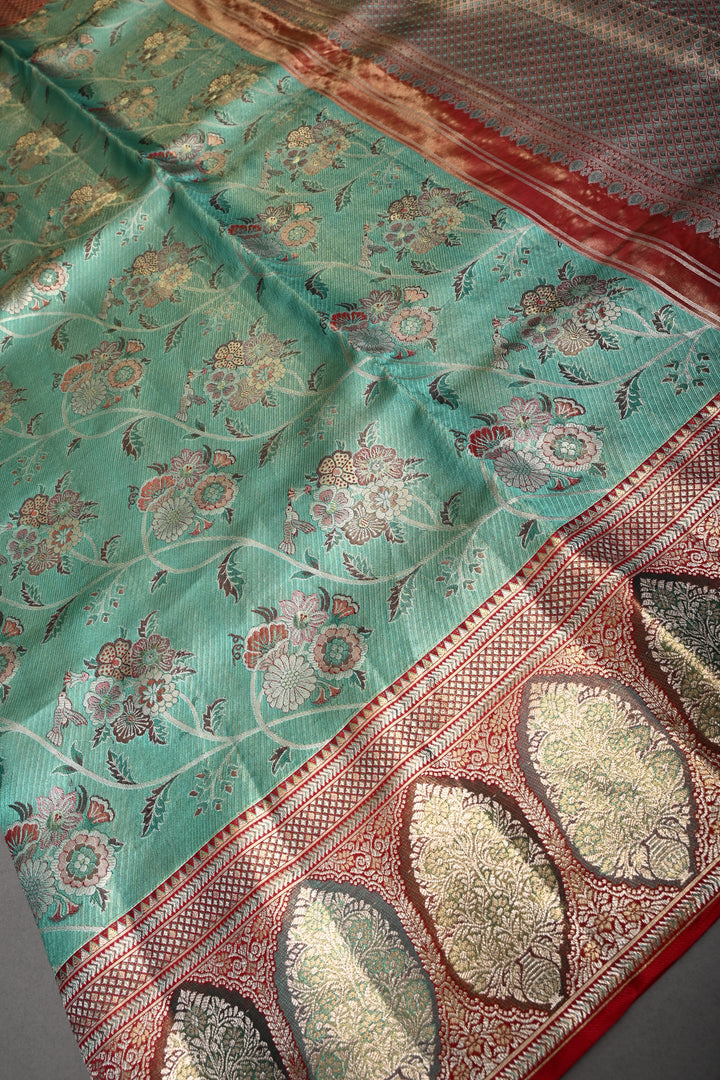 Luxurious Mint Green Meenakari on Pure Kanjivaram Tissue Silk Saree with Tiny Birds-Floral Brocade and Arches Contrast Zari Border | SILK MARK CERTIFIED | SHOBITAM