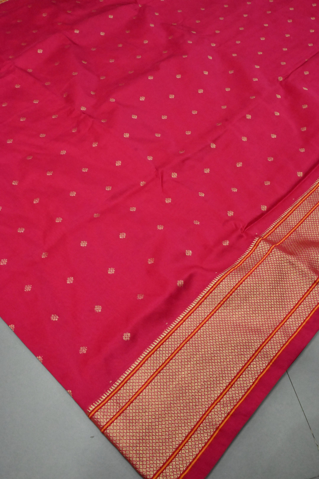 9 Yards Madisar  Rani Pink Zari Buttis on Semi Silk Saree with Zari Border and  Paithani Style Meenakari Pallu , No Blouse Piece
