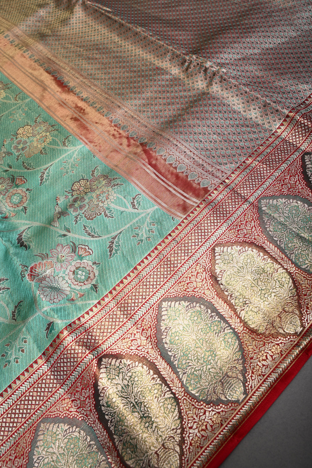 Luxurious Mint Green Meenakari on Pure Kanjivaram Tissue Silk Saree with Tiny Birds-Floral Brocade and Arches Contrast Zari Border | SILK MARK CERTIFIED | SHOBITAM