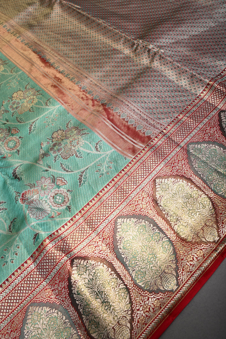 Luxurious Mint Green Meenakari on Pure Kanjivaram Tissue Silk Saree with Tiny Birds-Floral Brocade and Arches Contrast Zari Border | SILK MARK CERTIFIED | SHOBITAM